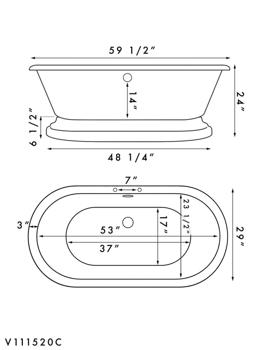 Cambridge Plumbing ADE60-PED-DH Acrylic Double Ended Pedestal Bathtub with 7" Deck Mount Faucet Drillings (ADE60-PED-DH)