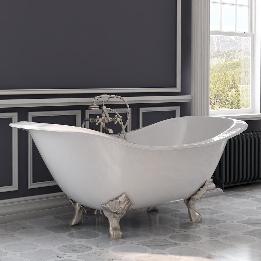 Cambridge Plumbing DES-398463-PKG-BN-NH Cast Iron Double Ended Slipper Tub 71" x 30" with Complete Freestanding British Telephone Faucet + Hand Held Shower Brushed Nickel Plumbing Package (No Faucet Drillings) (DES-398463-PKG-BN-NH)