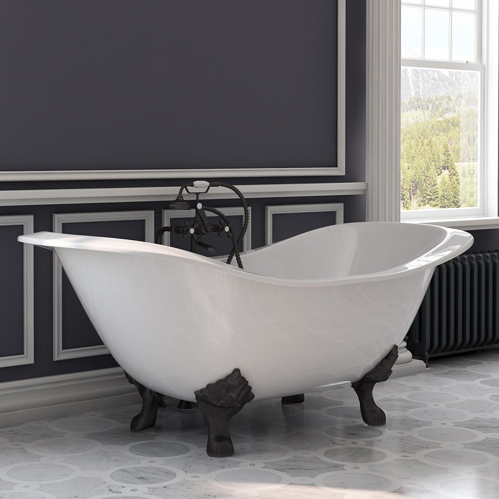 Cambridge Plumbing DES-398463-PKG-ORB-NH Cast Iron Double Ended Slipper Tub 71" x 30" with Complete Freestanding British Telephone Faucet + Hand Held Shower Oil Rubbed Bronze Plumbing Package (No Faucet Drillings) (DES-398463-PKG-ORB-NH)