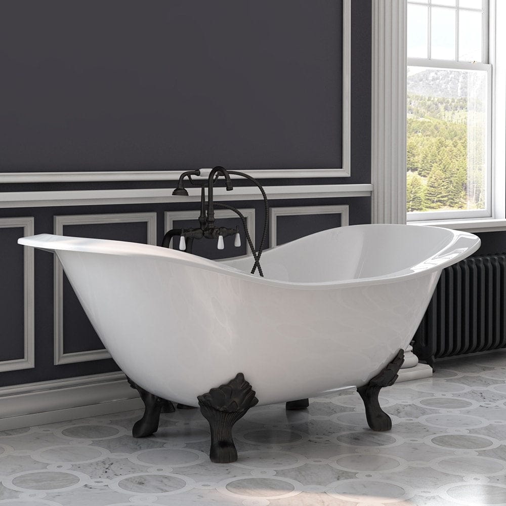 Cambridge Plumbing DES-398684-PKG-ORB-NH Cast Iron Double Ended Slipper Tub 71" x 30" with Complete Oil Rubbed Bronze Free Standing English Telephone Style Faucet + Hand Held Shower Assembly Plumbing Package (No Faucet Drillings) (DES-398684-PKG-ORB-NH)