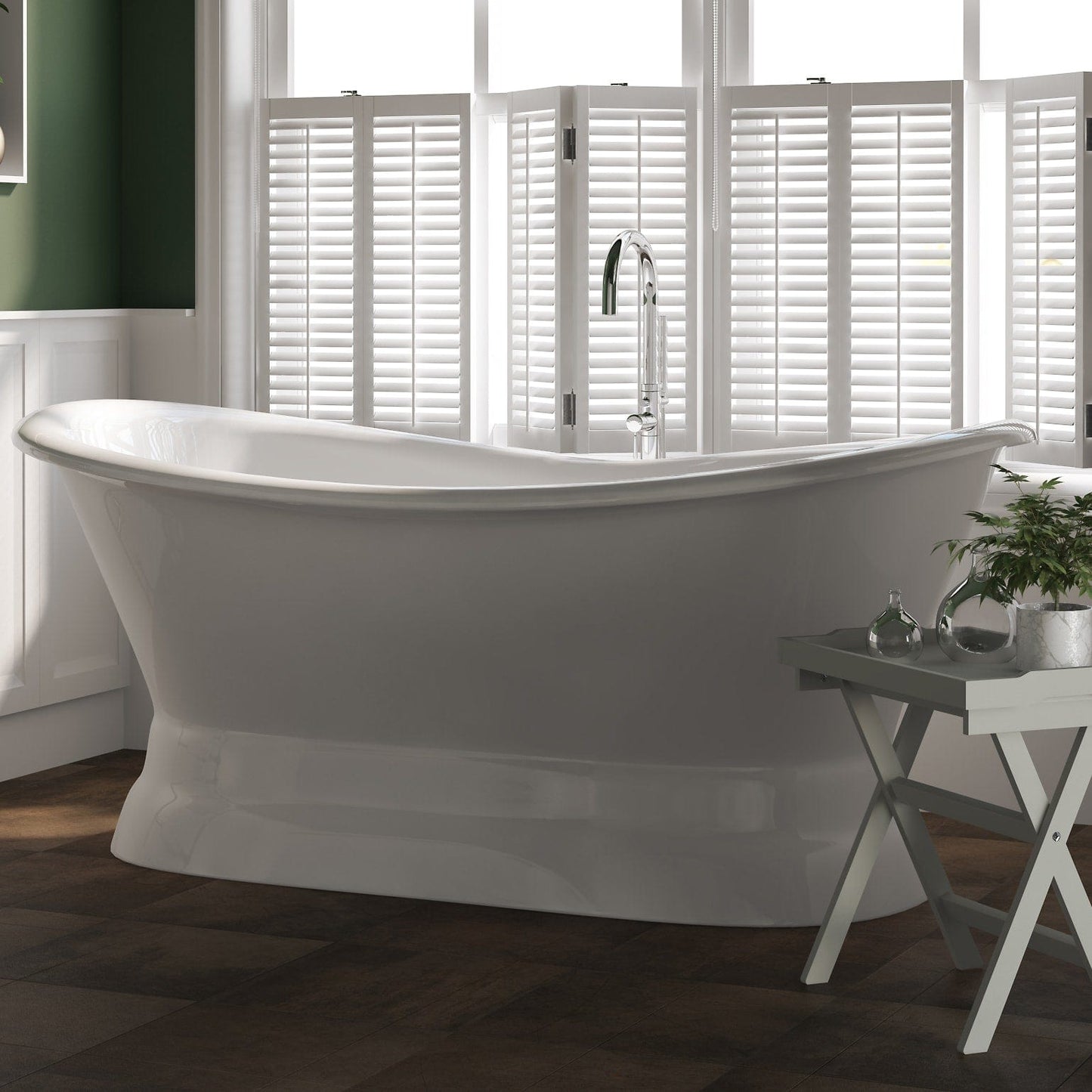 Cambridge Plumbing DES-PED-150-PKG-CP-NH Cast Iron Double Ended Slipper Tub 71" x 30" with Complete Polished Chrome Modern Freestanding Tub Filler + Hand Held Shower Assembly Plumbing Package (No Faucet Drillings) (DES-PED-150-PKG-CP-NH)