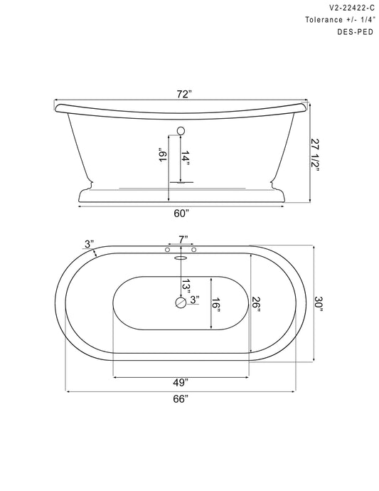 Cambridge Plumbing DES-PED-684D-PKG-CP-7DH Cast Iron Double Ended Slipper Tub 71" x 30" with 7" Deck Mount Faucet Drillings, and English Telephone Style Faucet Complete Polished Chrome Plumbing Package (DES-PED-684D-PKG-CP-7DH)