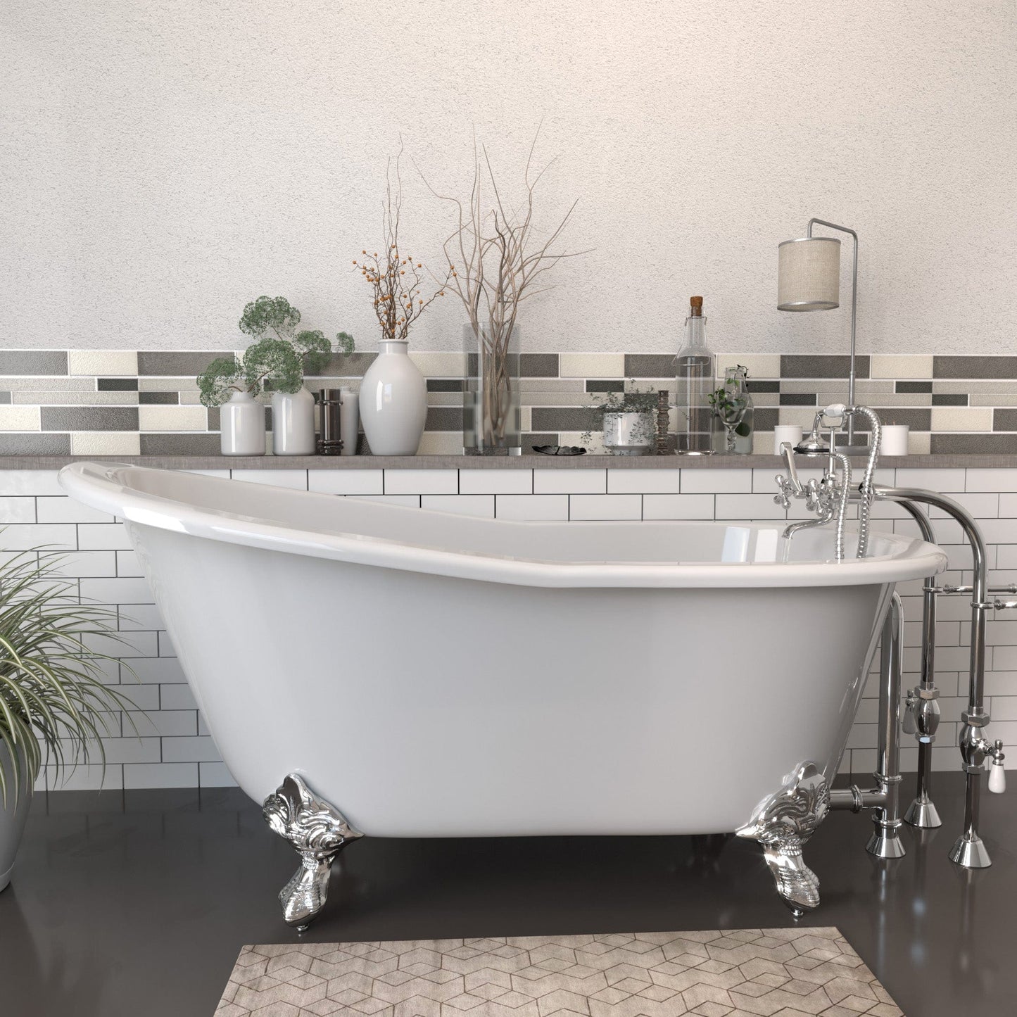 Cambridge Plumbing ST61-398463-PKG-CP-NH Cast Iron Slipper Clawfoot Tub 61" x 30" with Complete Freestanding British Telephone Faucet + Hand Held Shower Polished Chrome Package (No Faucet Drillings) (ST61-398463-PKG-CP-NH)
