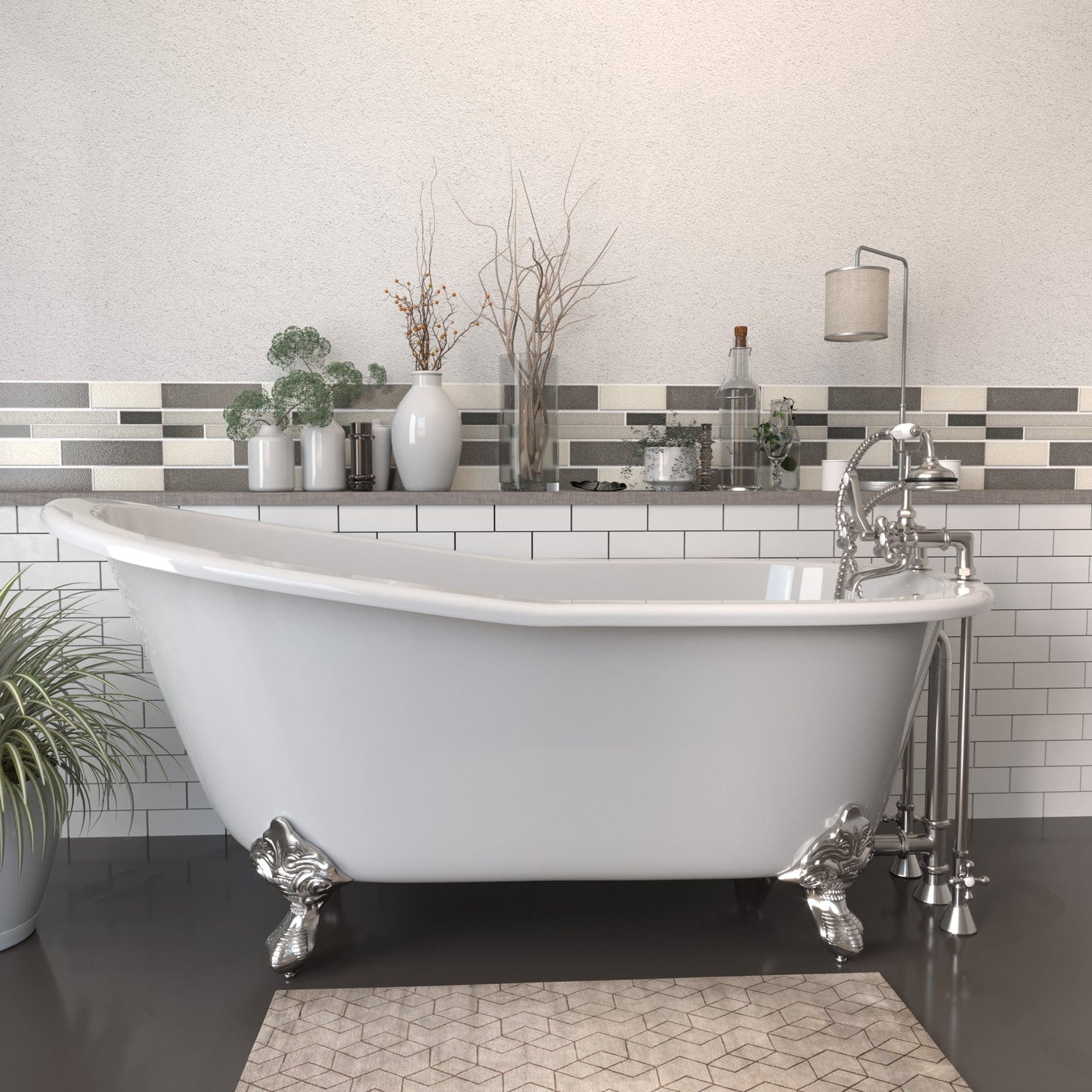 Cambridge Plumbing ST67-463D-2-PKG-CP-7DH Cast Iron Slipper Clawfoot Tub 67" x 30" with 7" Deck Mount Faucet Drillings, and Complete Polished Chrome Plumbing Package (ST67-463D-2-PKG-CP-7DH)