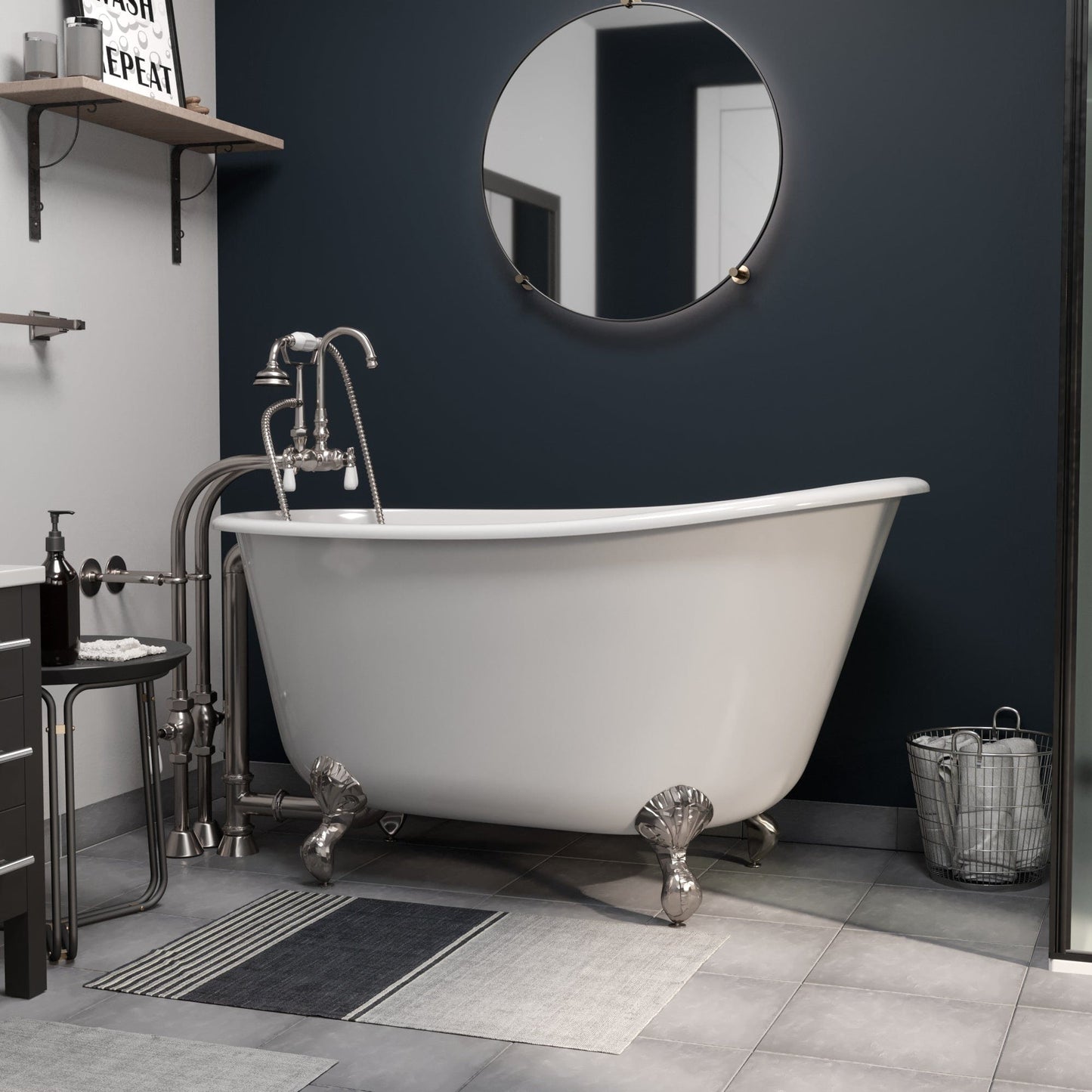 Cambridge Plumbing SWED54-398684-PKG-BN-NH Cast Iron Swedish Slipper Tub 54" x 30" with Complete Brushed Nickel Freestanding English Telephone Style Faucet + Hand Held Shower Assembly Plumbing Package (No Faucet Drillings) (SWED54-398684-PKG-BN-NH)