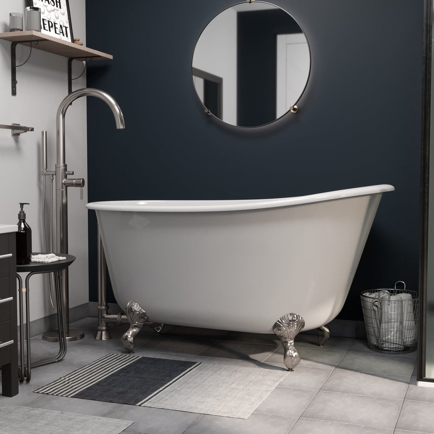 Cambridge Plumbing SWED58-150-PKG-BN-NH Cast Iron Swedish Slipper Tub 58" x 30" with Complete Brushed Nickel Modern Freestanding Tub Filler + Hand Held Shower Assembly Plumbing Package (No Faucet Drillings) (SWED58-150-PKG-BN-NH)