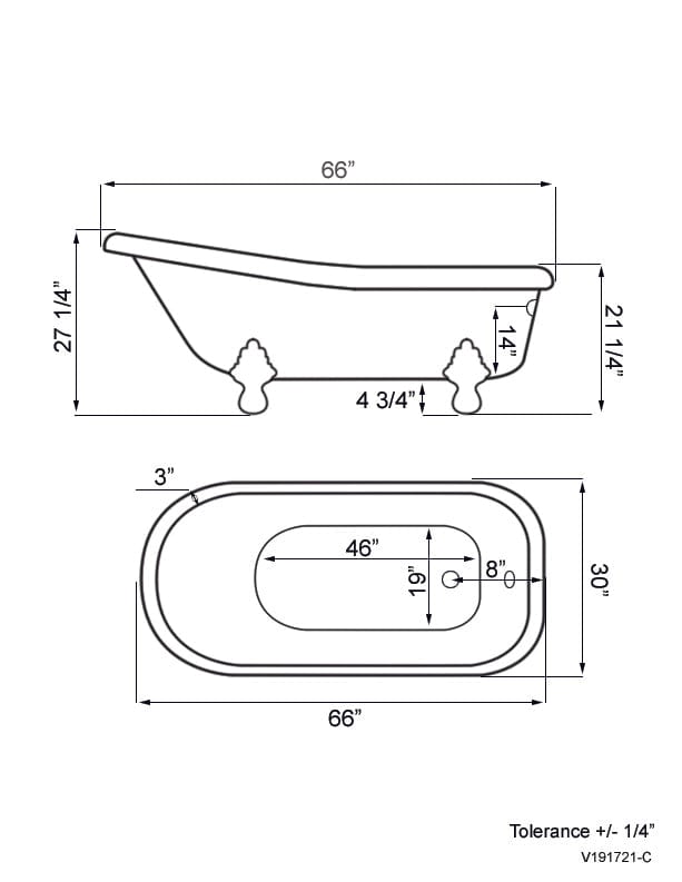 Cambridge Plumbing USA-AST66-NH-CP USA Quality 66" Clawfoot Slipper Tub with Contiuous Rim and Polished Chrome Feet (USA-AST66-NH-CP)