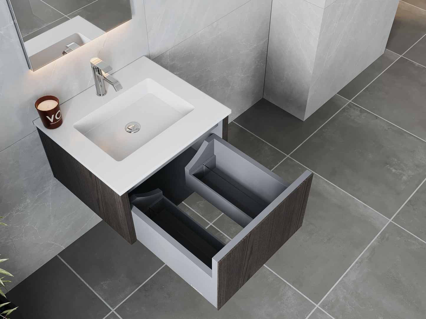 Laviva 313LGN-24CR-MW Laviva Legno 24" Carbon Oak Bathroom Vanity with Matte White VIVA Stone Solid Surface Countertop 313LGN-24CR-MW