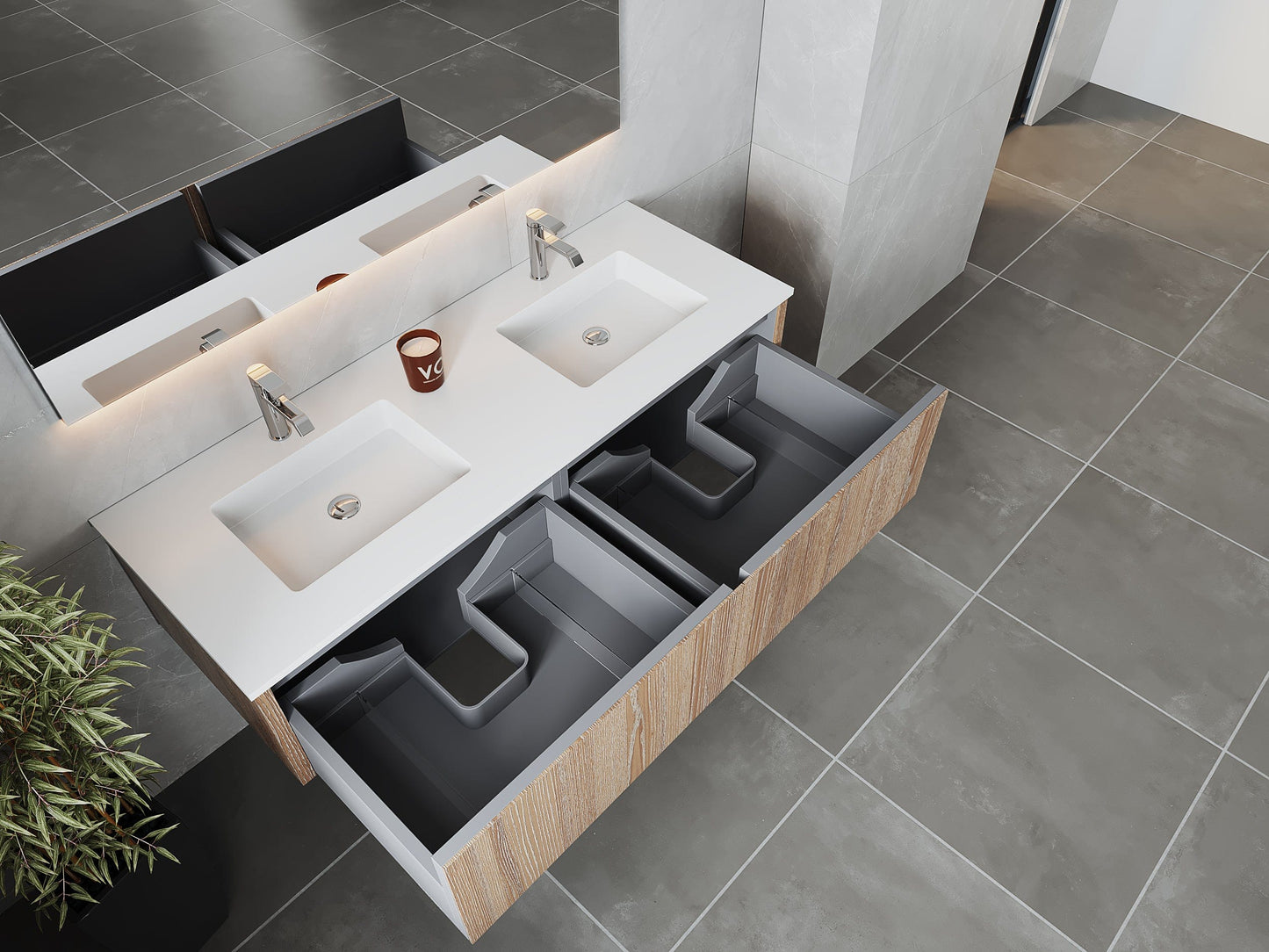 Laviva 313LGN-60DWG-MW Laviva Legno 60" Weathered Gray Double Sink Bathroom Vanity with Matte White VIVA Stone Solid Surface Countertop 313LGN-60DWG-MW
