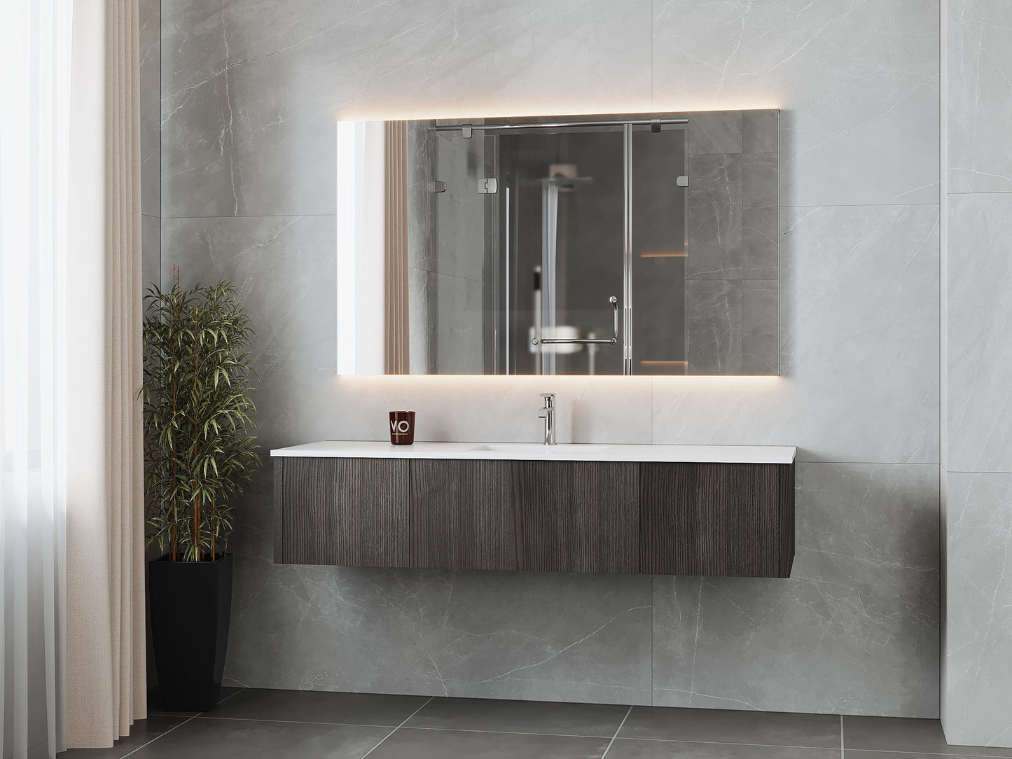 Laviva 313LGN-66CR-MW Laviva Legno 66" Carbon Oak Bathroom Vanity with Matte White VIVA Stone Solid Surface Countertop 313LGN-66CR-MW