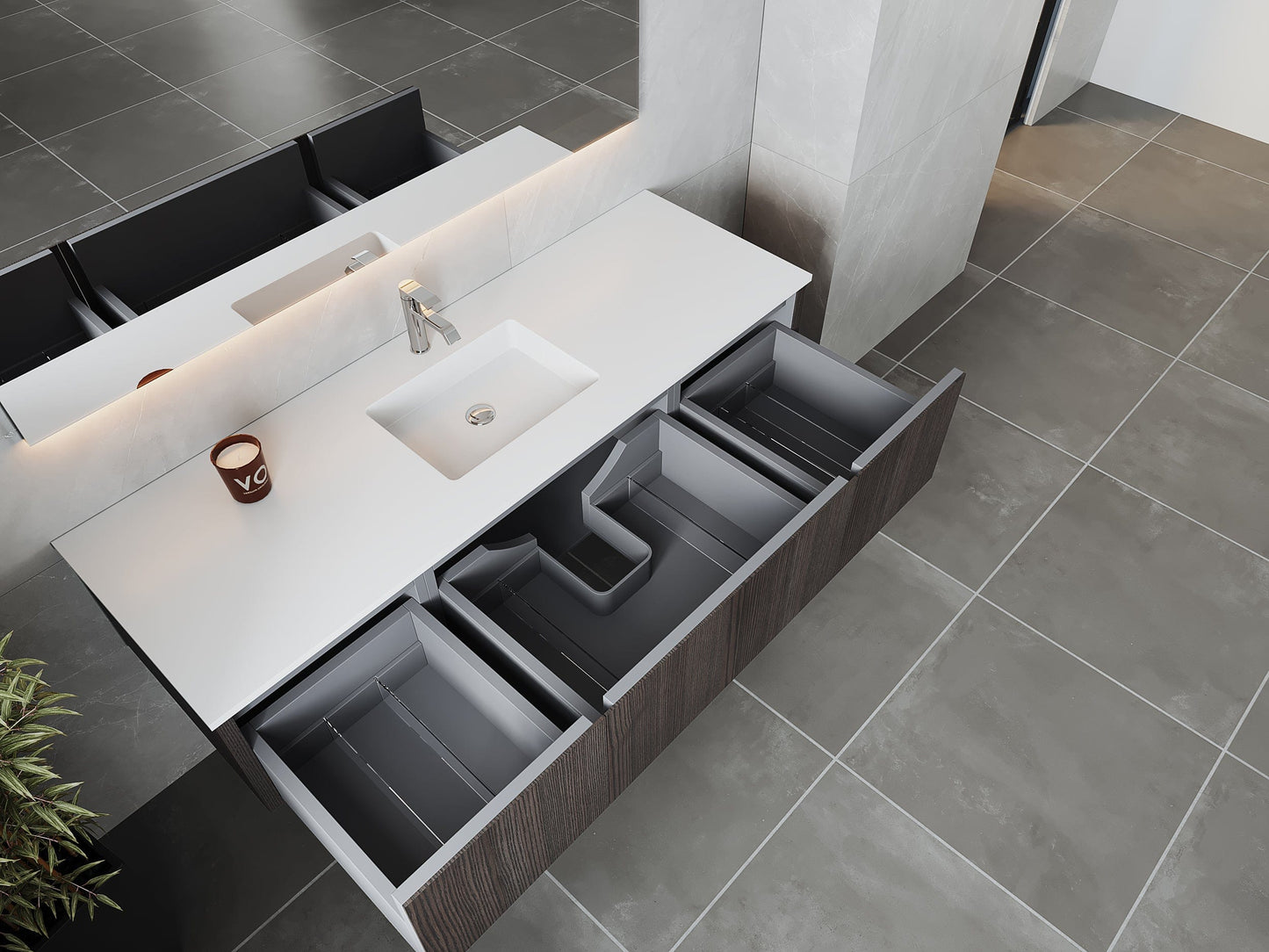 Laviva 313LGN-66CR-MW Laviva Legno 66" Carbon Oak Bathroom Vanity with Matte White VIVA Stone Solid Surface Countertop 313LGN-66CR-MW