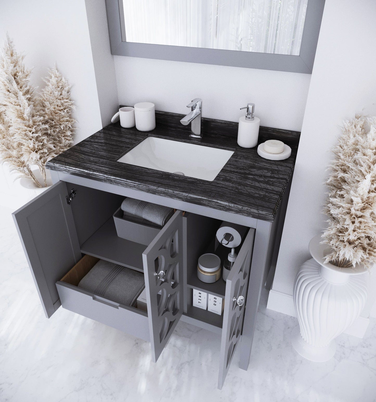 Laviva 313MKSH-36G-BW Laviva Mediterraneo 36" Gray Bathroom Vanity with Black Wood Marble Countertop 313MKSH-36G-BW