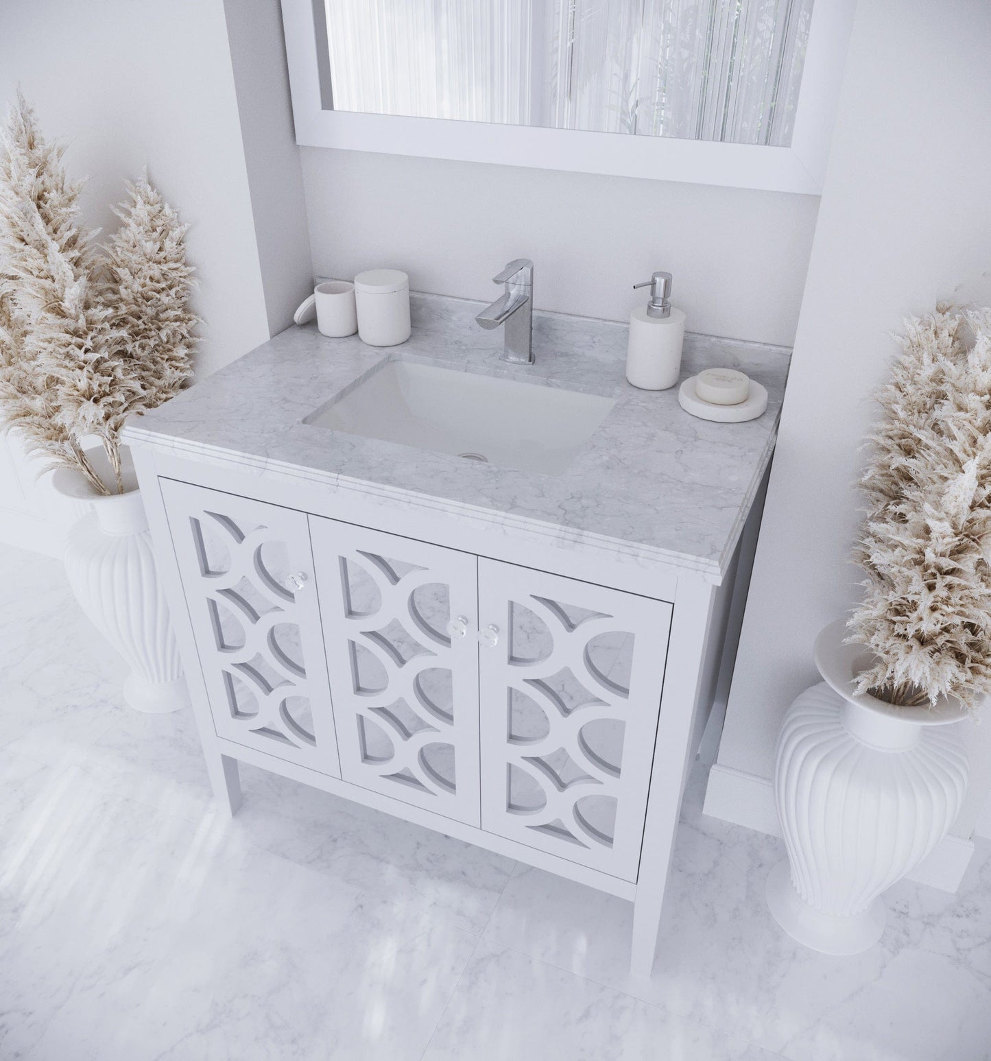 Laviva 313MKSH-36W-WC Laviva Mediterraneo 36" White Bathroom Vanity with White Carrara Marble Countertop 313MKSH-36W-WC