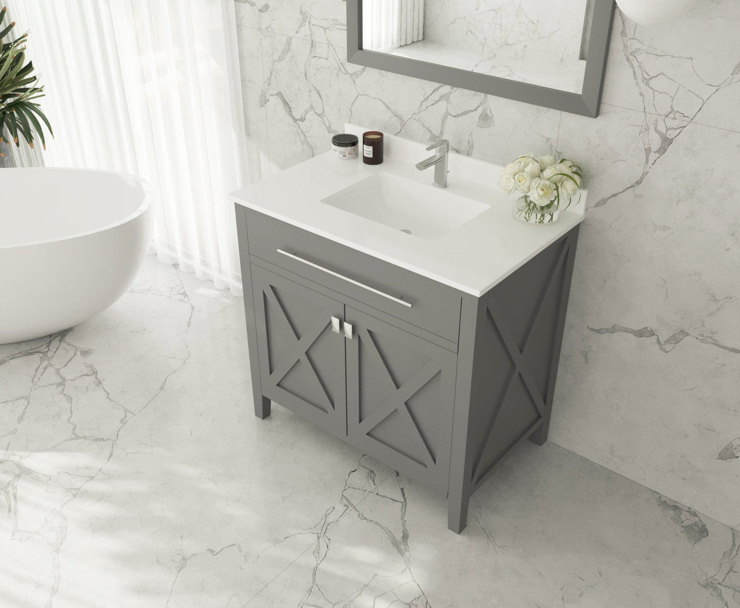 Laviva 313SQ1H-36-WQ Laviva Forever 36" Single Hole White Quartz Countertop with Rectangular Ceramic Sink 313SQ1H-36-WQ
