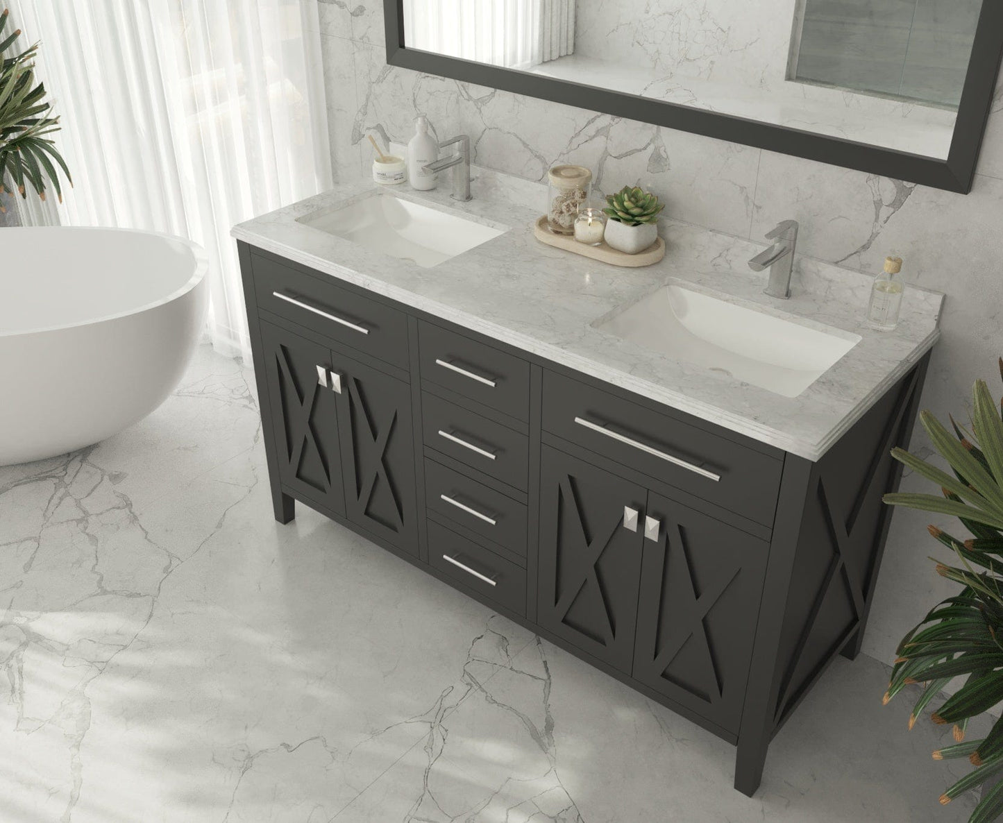 Laviva 313SQ1H-60-WC Laviva Forever 60" Single Hole White Carrara Marble Countertop with Double Rectangular Ceramic Sinks 313SQ1H-60-WC