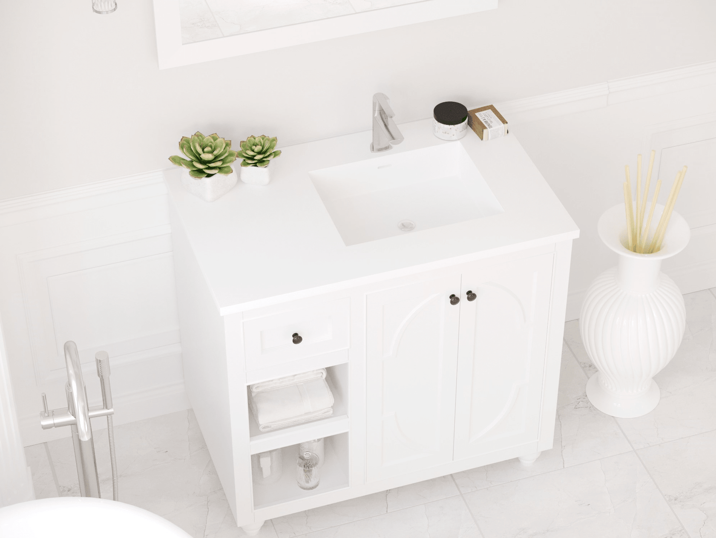 Laviva 313SQ1HSS-36R-MW Laviva Forever VIVA Stone 36" Matte White Solid Surface Countertop with Right Offset Integrated Sink 313SQ1HSS-36R-MW