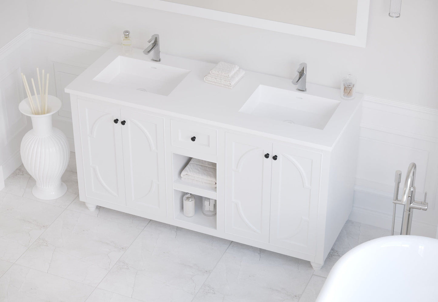 Laviva 313SQ1HSS-60D-MW Laviva Forever VIVA Stone 60" Matte White Solid Surface Countertop with Double Integrated Sinks 313SQ1HSS-60D-MW
