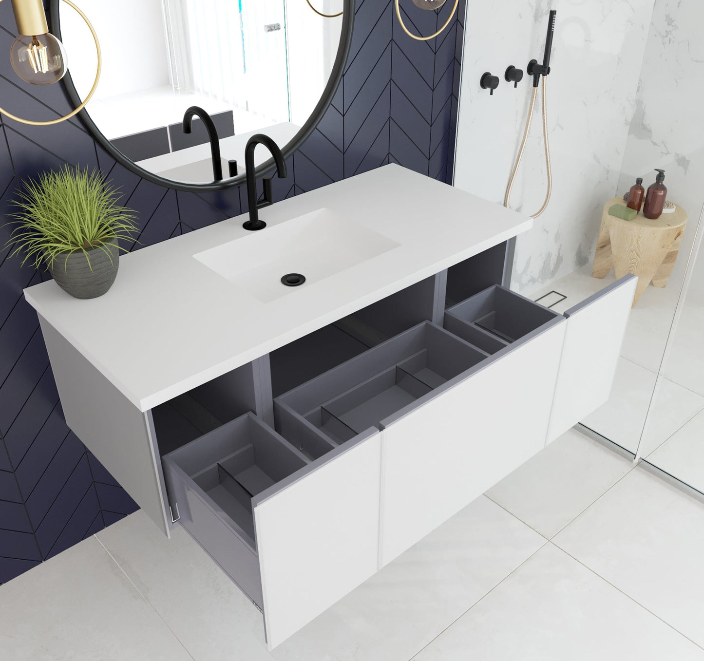 Laviva 313VTR-48CW-MW Laviva Vitri 48" Cloud White Bathroom Vanity with VIVA Stone Matte White Solid Surface Countertop 313VTR-48CW-MW