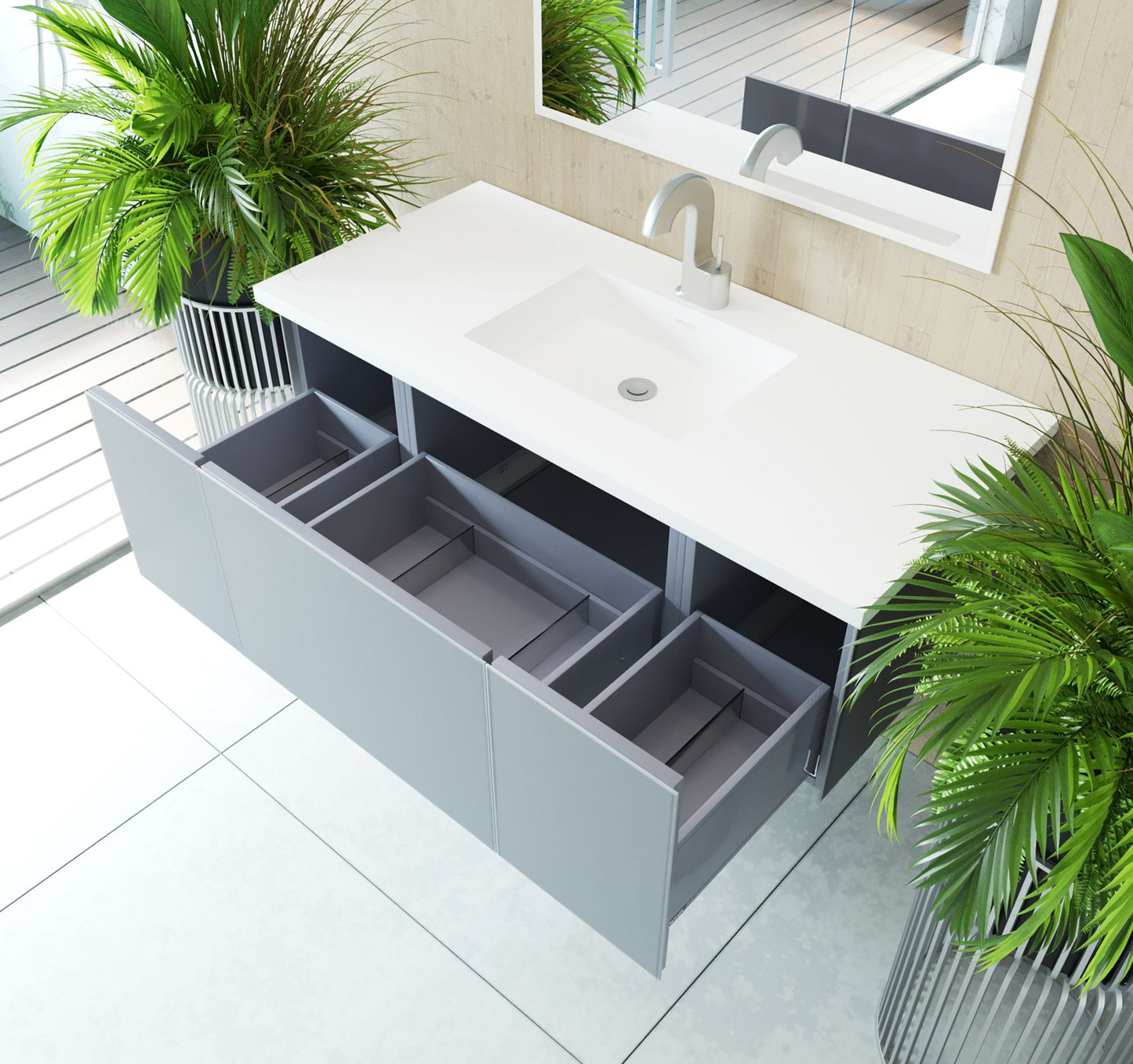Laviva 313VTR-48FG-MW Laviva Vitri 48" Fossil Gray Bathroom Vanity with VIVA Stone Matte White Solid Surface Countertop 313VTR-48FG-MW