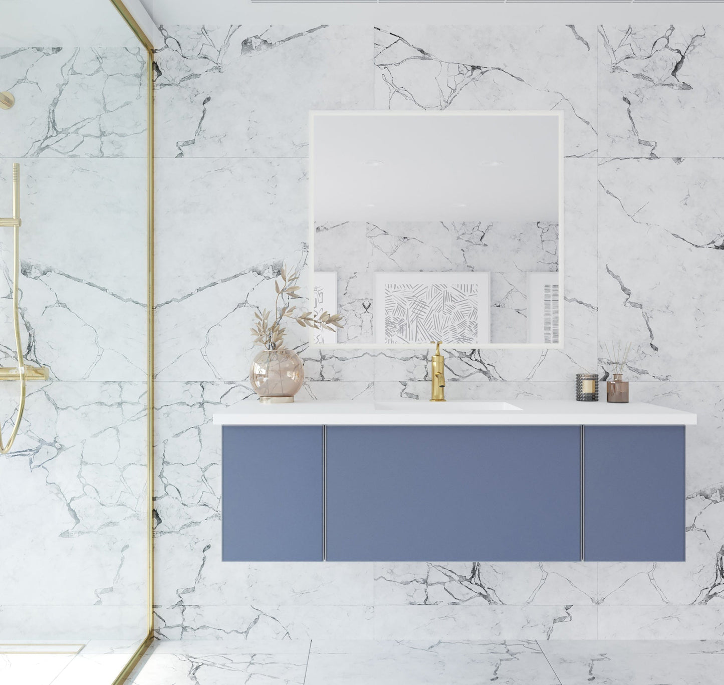 Laviva 313VTR-54NB-MW Laviva Vitri 54" Nautical Blue Bathroom Vanity with VIVA Stone Matte White Solid Surface Countertop 313VTR-54NB-MW