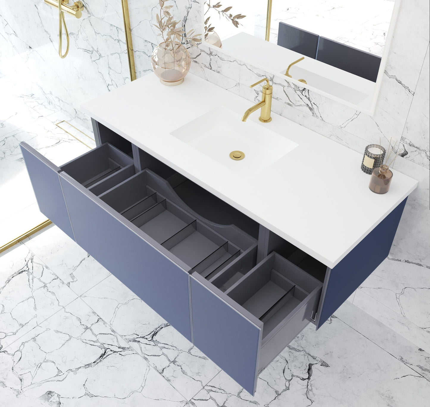 Laviva 313VTR-54NB-MW Laviva Vitri 54" Nautical Blue Bathroom Vanity with VIVA Stone Matte White Solid Surface Countertop 313VTR-54NB-MW