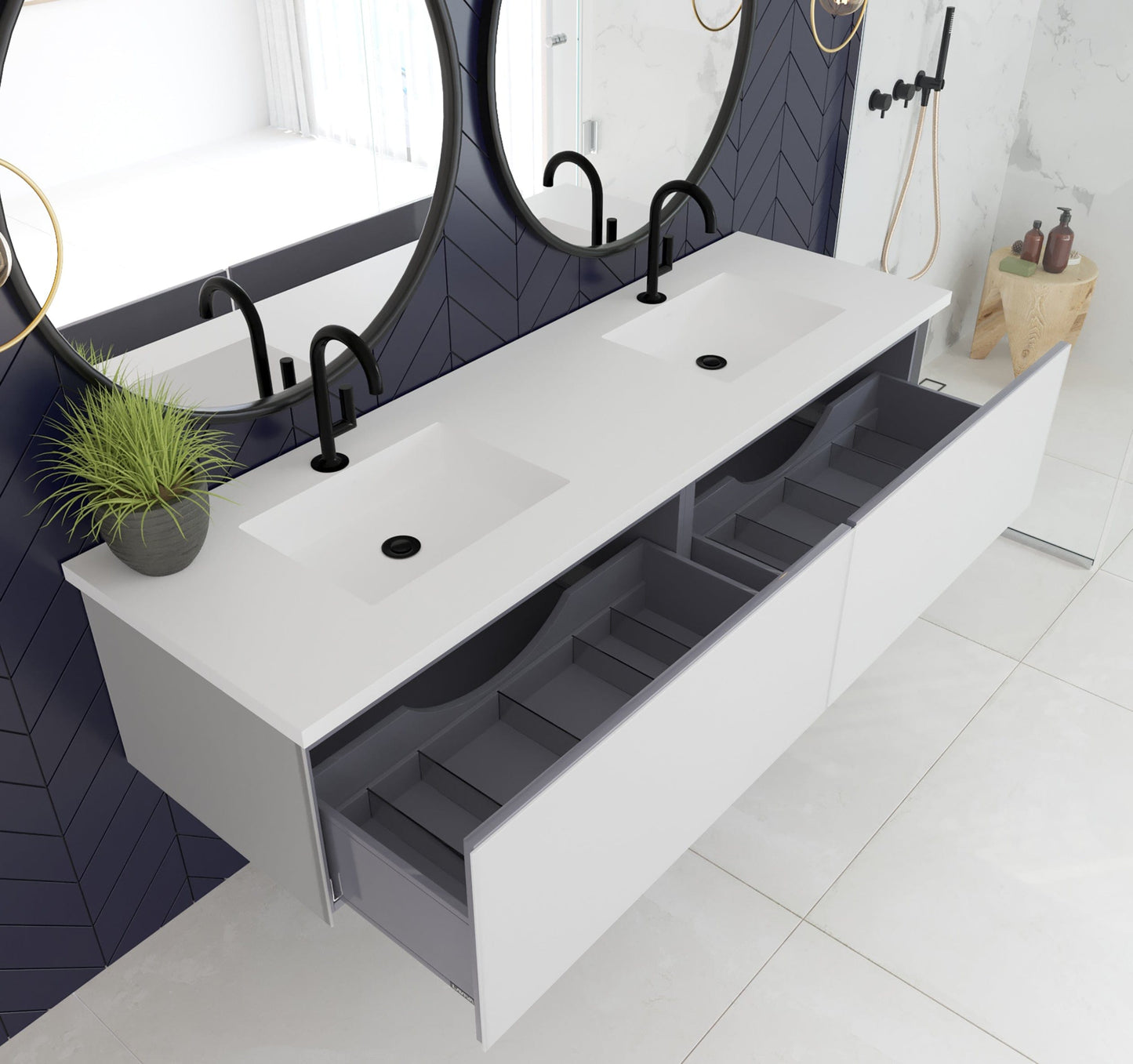 Laviva 313VTR-72DCW-MW Laviva Vitri 72" Cloud White Double Sink Bathroom Vanity with VIVA Stone Matte White Solid Surface Countertop 313VTR-72DCW-MW