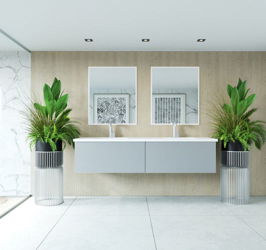 Laviva 313VTR-72DFG-MW Laviva Vitri 72" Fossil Gray Double Sink Bathroom Vanity with VIVA Stone Matte White Solid Surface Countertop 313VTR-72DFG-MW