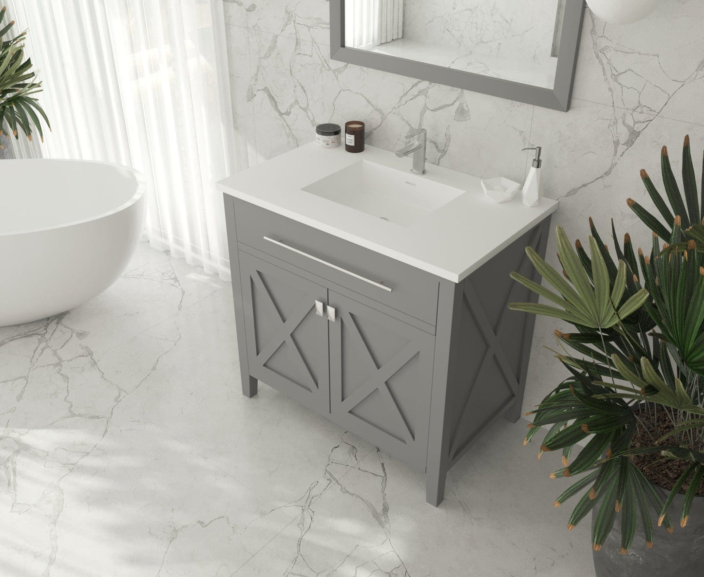 Laviva 313YG319-36G-MW Laviva Wimbledon 36" Gray Bathroom Vanity with Matte White VIVA Stone Solid Surface Countertop 313YG319-36G-MW