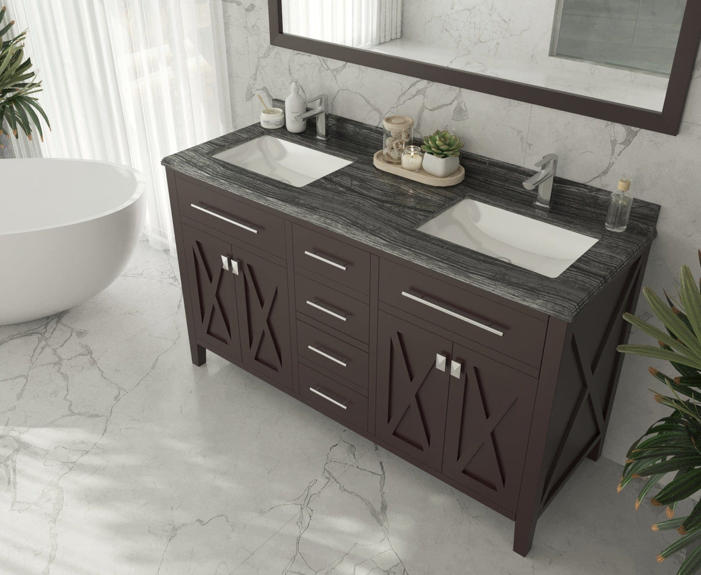 Laviva 313YG319-60B-BW Laviva Wimbledon 60" Brown Double Sink Bathroom Vanity with Black Wood Marble Countertop 313YG319-60B-BW