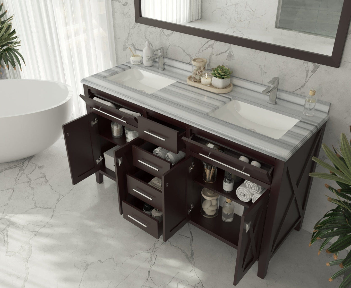 Laviva 313YG319-60B-WS Laviva Wimbledon 60" Brown Double Sink Bathroom Vanity with White Stripes Marble Countertop 313YG319-60B-WS