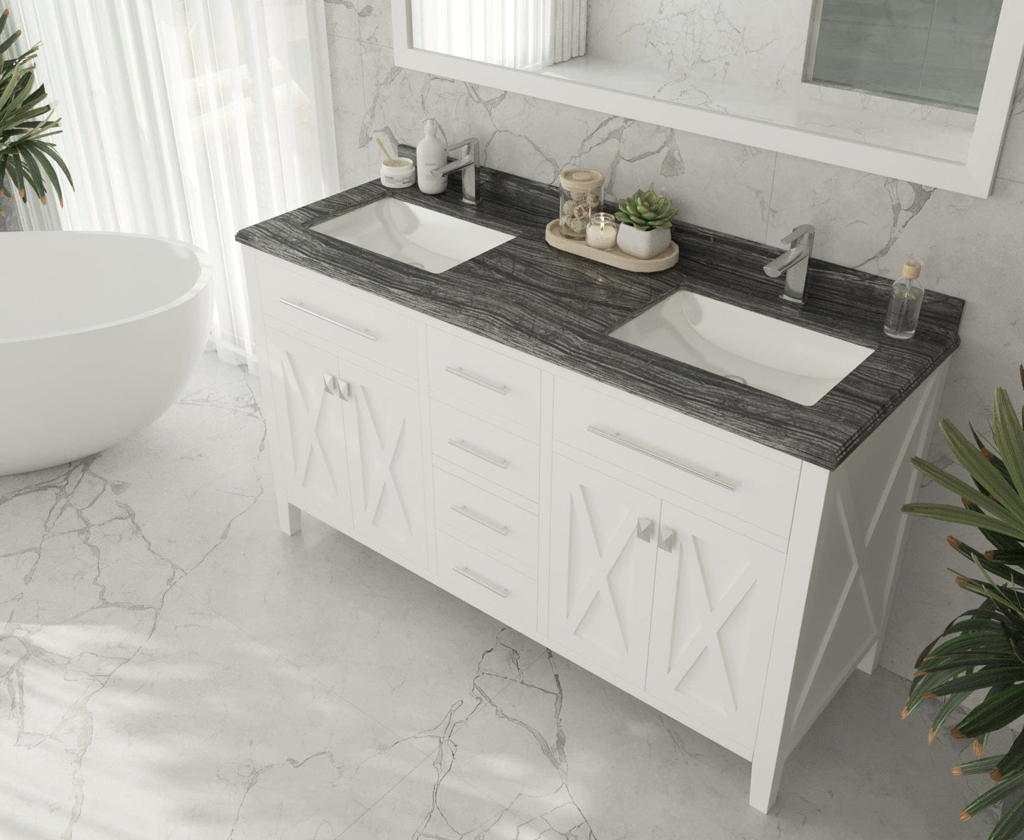 Laviva 313YG319-60W-BW Laviva Wimbledon 60" White Double Sink Bathroom Vanity with Black Wood Marble Countertop 313YG319-60W-BW