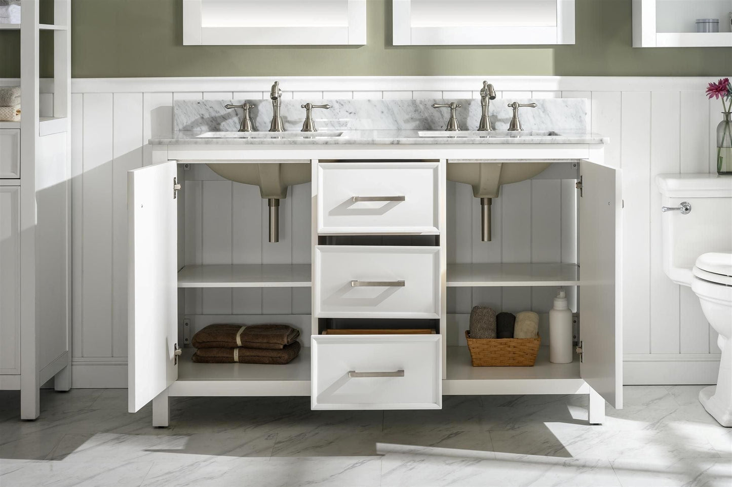 Legion Furniture WLF2154-W Legion Furniture WLF2154-W 54" White Finish Double-Sink Vanity Cabinet with Carrara White Top