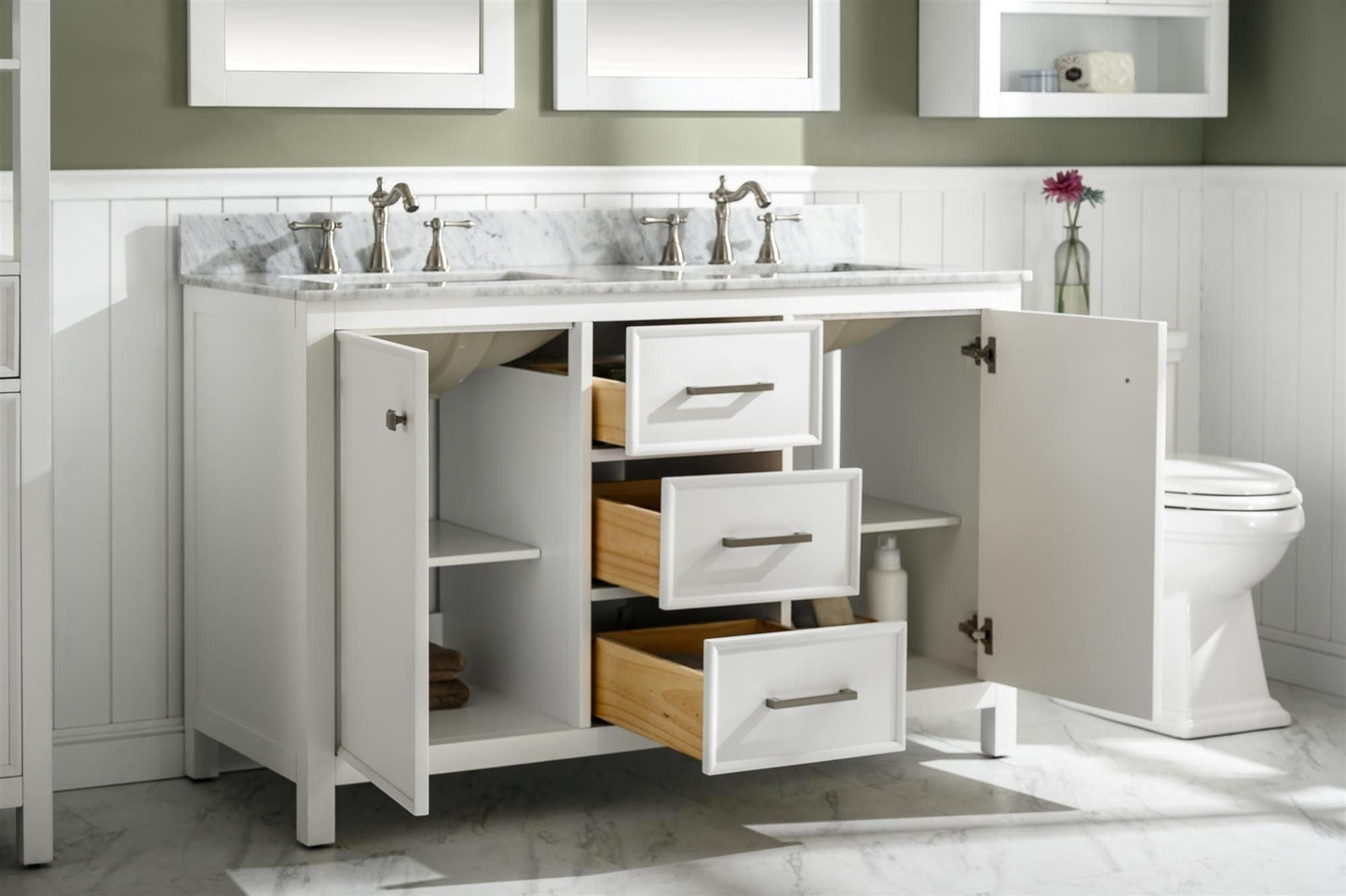 Legion Furniture WLF2154-W Legion Furniture WLF2154-W 54" White Finish Double-Sink Vanity Cabinet with Carrara White Top