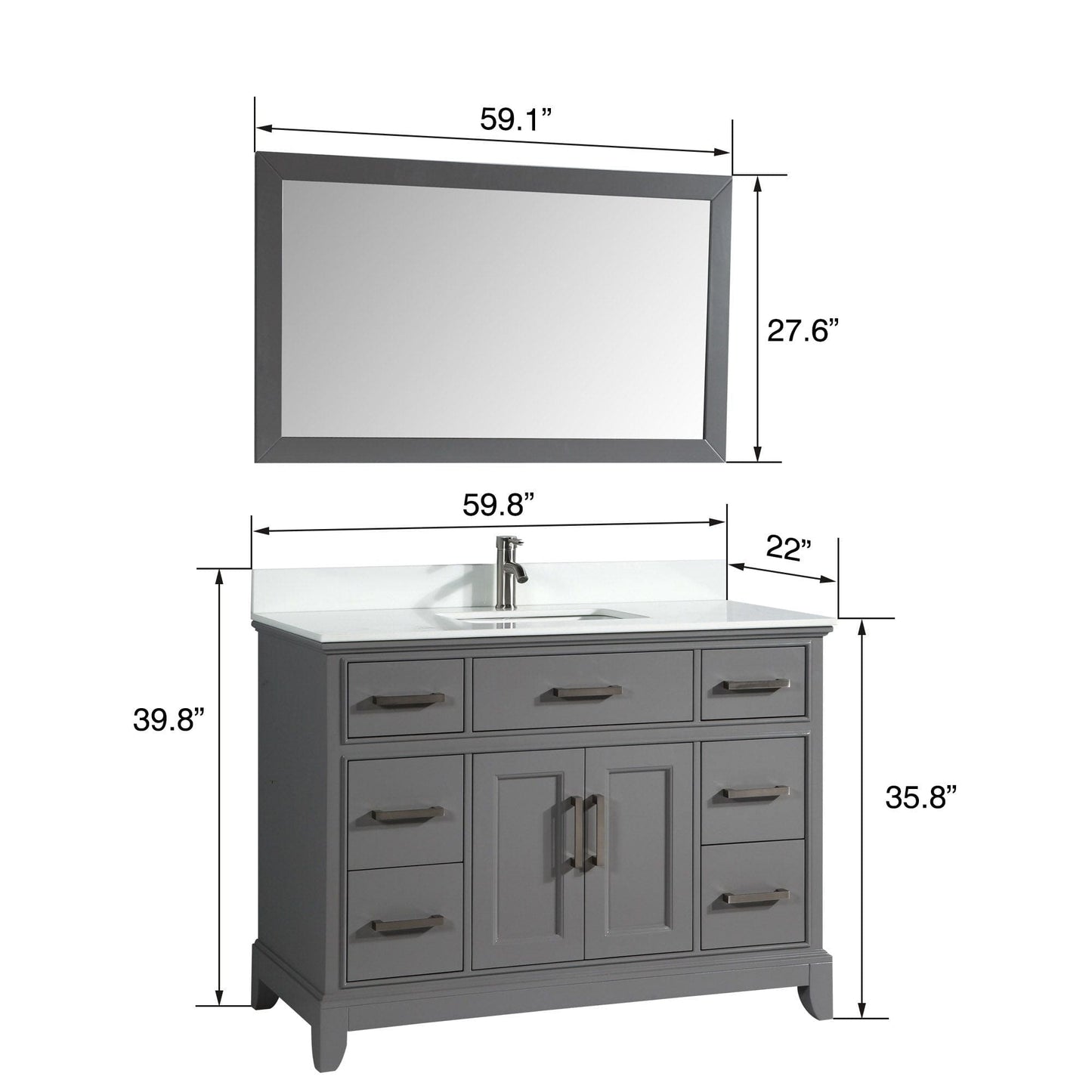Vanity Art VA1060SG 60 Inch Single Sink Bathroom Vanity in Gray with White Marble Countertop - Vanity Art VA1060SG