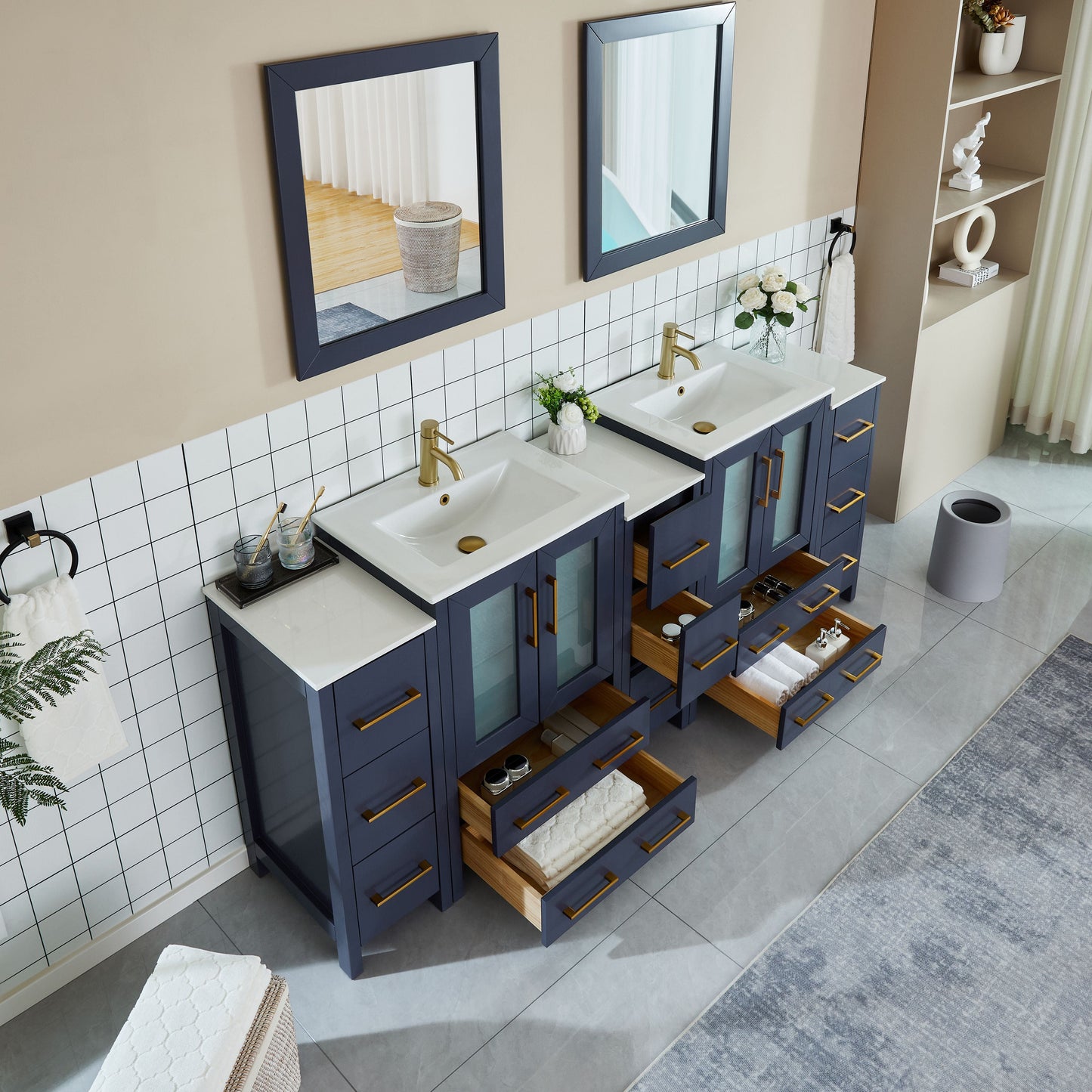 Vanity Art VA3024-84B 84 Inch Double Sink Bathroom Vanity in Blue with Ceramic Countertop - Vanity Art VA3024-84B