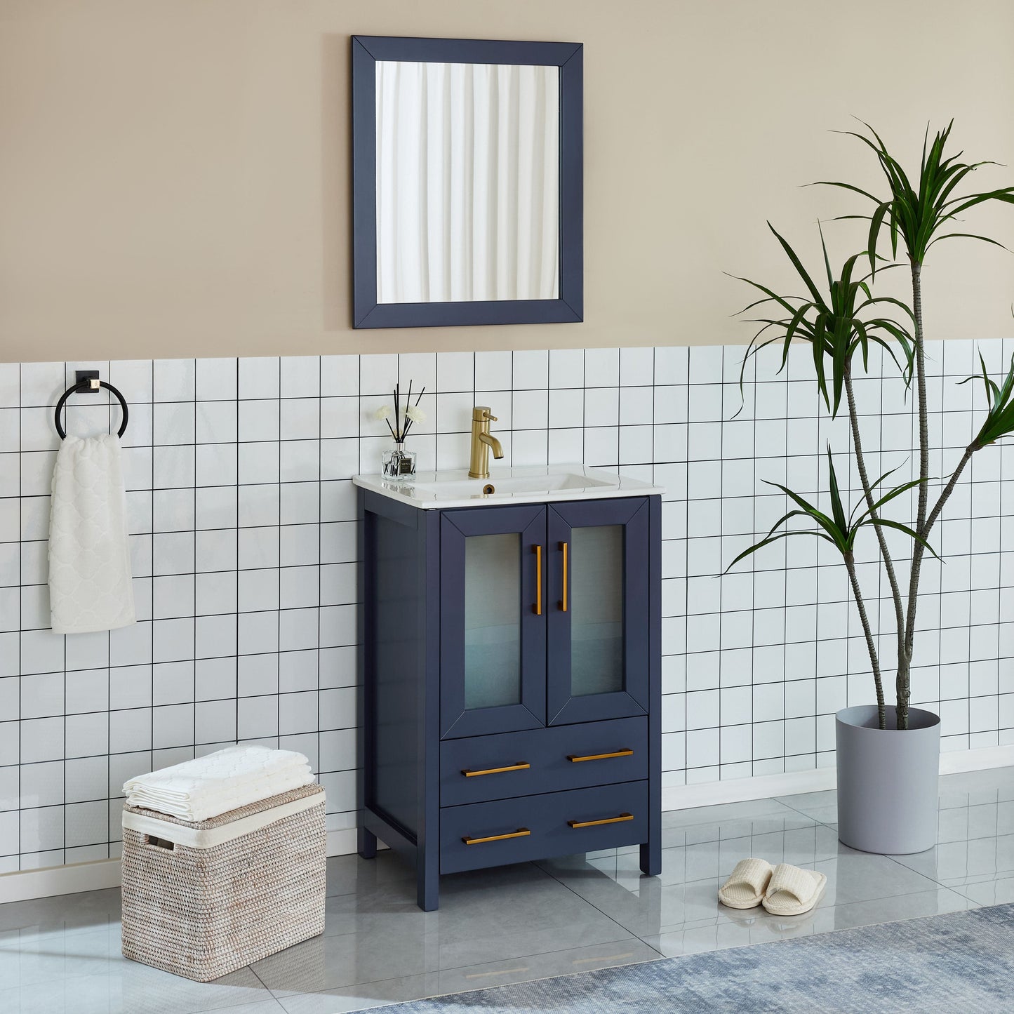 Vanity Art VA3024B 24 Inch Single Sink Bathroom Vanity in Blue with Ceramic Countertop - Vanity Art VA3024B