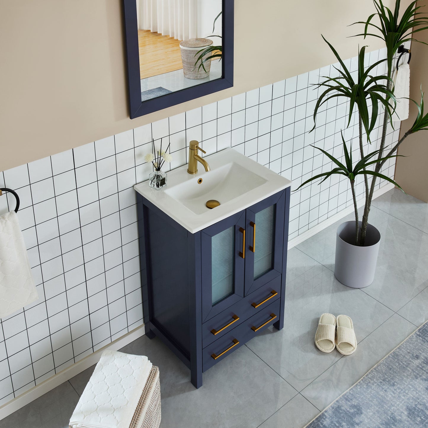 Vanity Art VA3024B 24 Inch Single Sink Bathroom Vanity in Blue with Ceramic Countertop - Vanity Art VA3024B