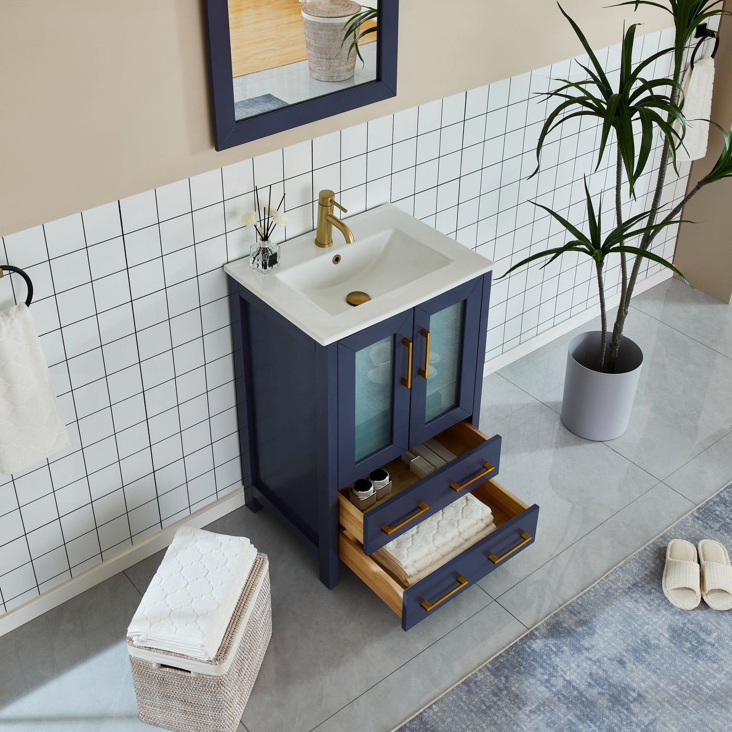 Vanity Art VA3024B 24 Inch Single Sink Bathroom Vanity in Blue with Ceramic Countertop - Vanity Art VA3024B