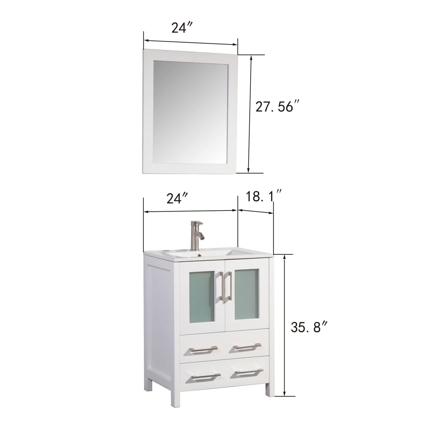 Vanity Art VA3024W 24 Inch Single Sink Bathroom Vanity in White with Ceramic Countertop - Vanity Art VA3024W