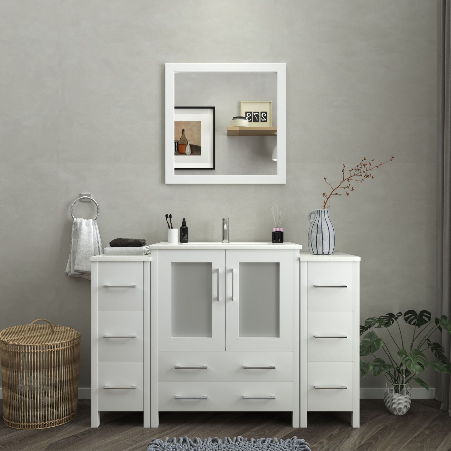 Vanity Art VA3030-54W 54 Inch Single Sink Bathroom Vanity in White with Ceramic Countertop - Vanity Art VA3030-54W