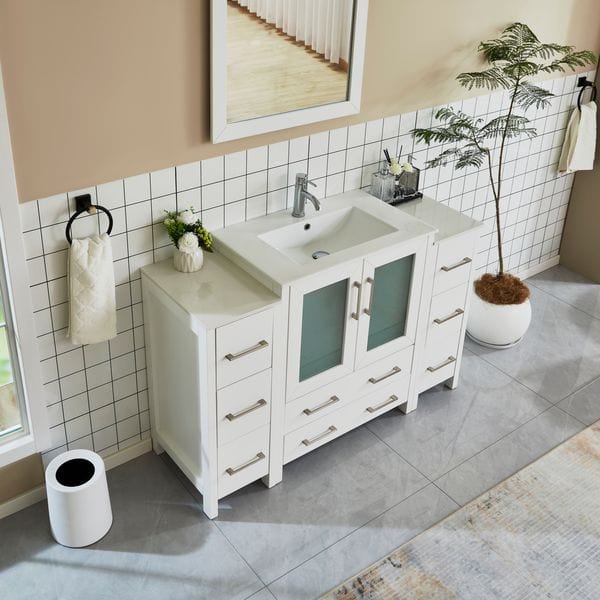 Vanity Art VA3030-54W 54 Inch Single Sink Bathroom Vanity in White with Ceramic Countertop - Vanity Art VA3030-54W