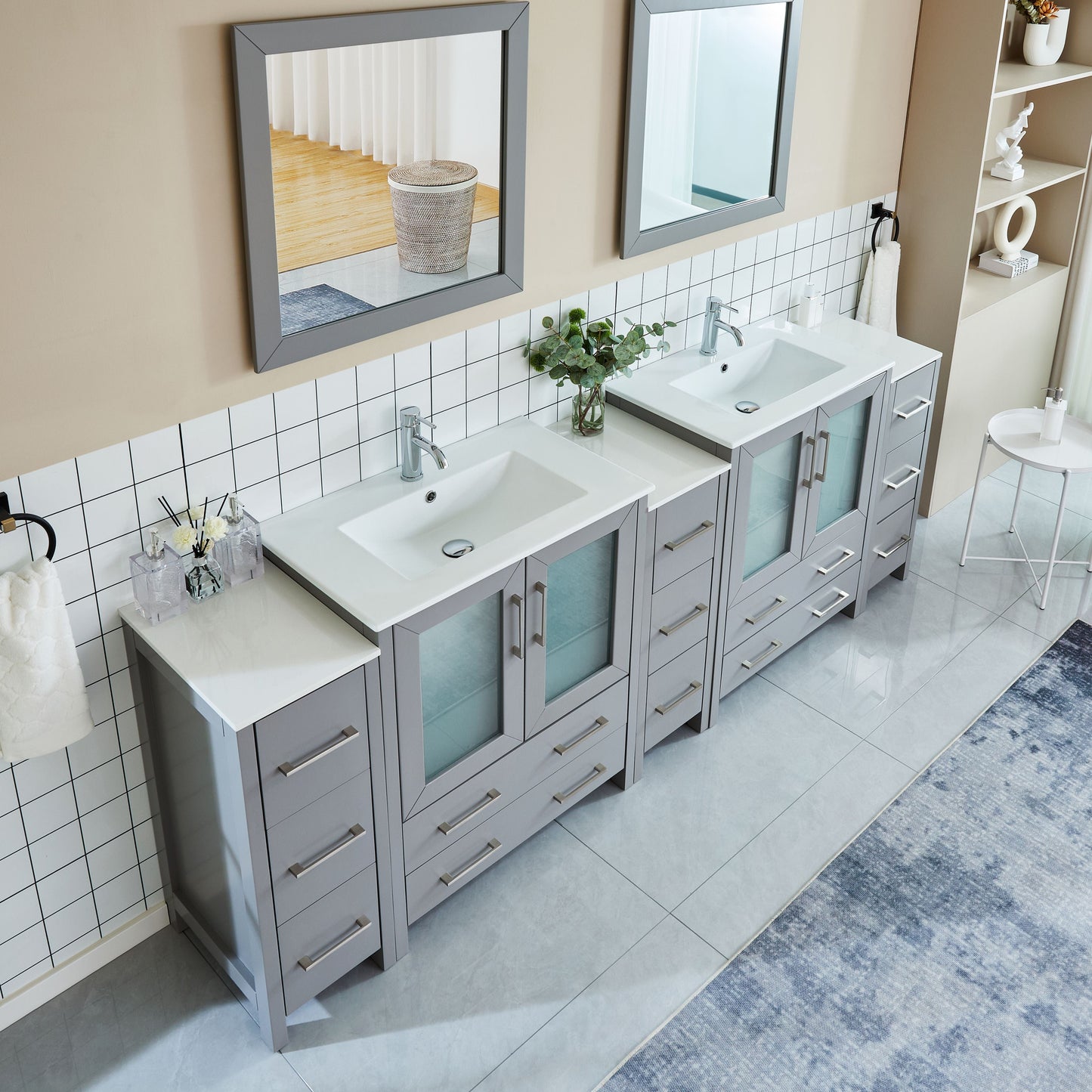 Vanity Art VA3030-96G 96 Inch Double Sink Bathroom Vanity in Gray with Ceramic Countertop - Vanity Art VA3030-96G