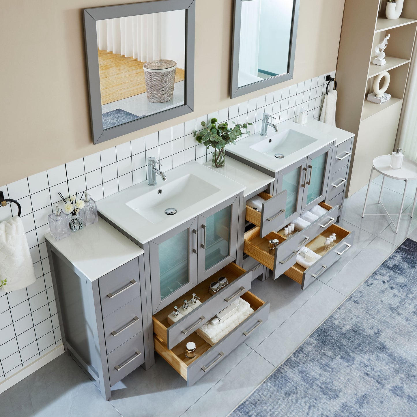 Vanity Art VA3030-96G 96 Inch Double Sink Bathroom Vanity in Gray with Ceramic Countertop - Vanity Art VA3030-96G