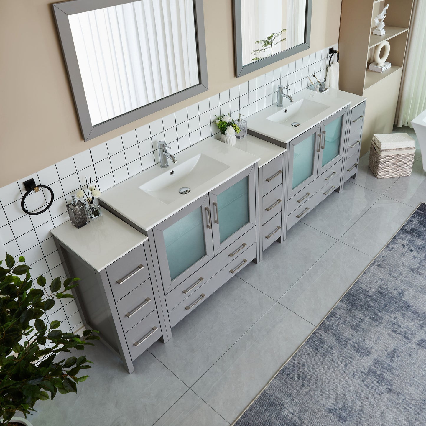 Vanity Art VA3036-108G 108 Inch Double Sink Bathroom Vanity in Gray with Ceramic Countertop - Vanity Art VA3036-108G