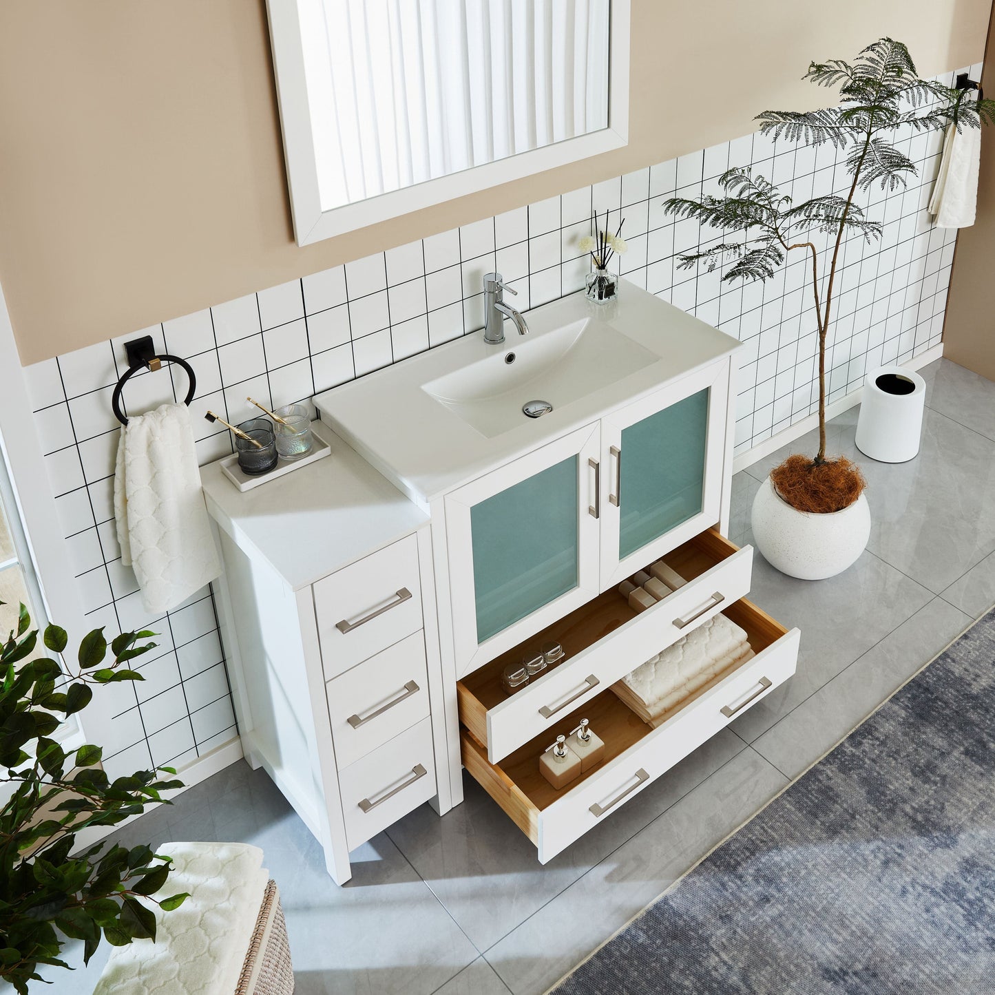 Vanity Art VA3036-48W 48 Inch Single Sink Bathroom Vanity in White with Ceramic Countertop - Vanity Art VA3036-48W
