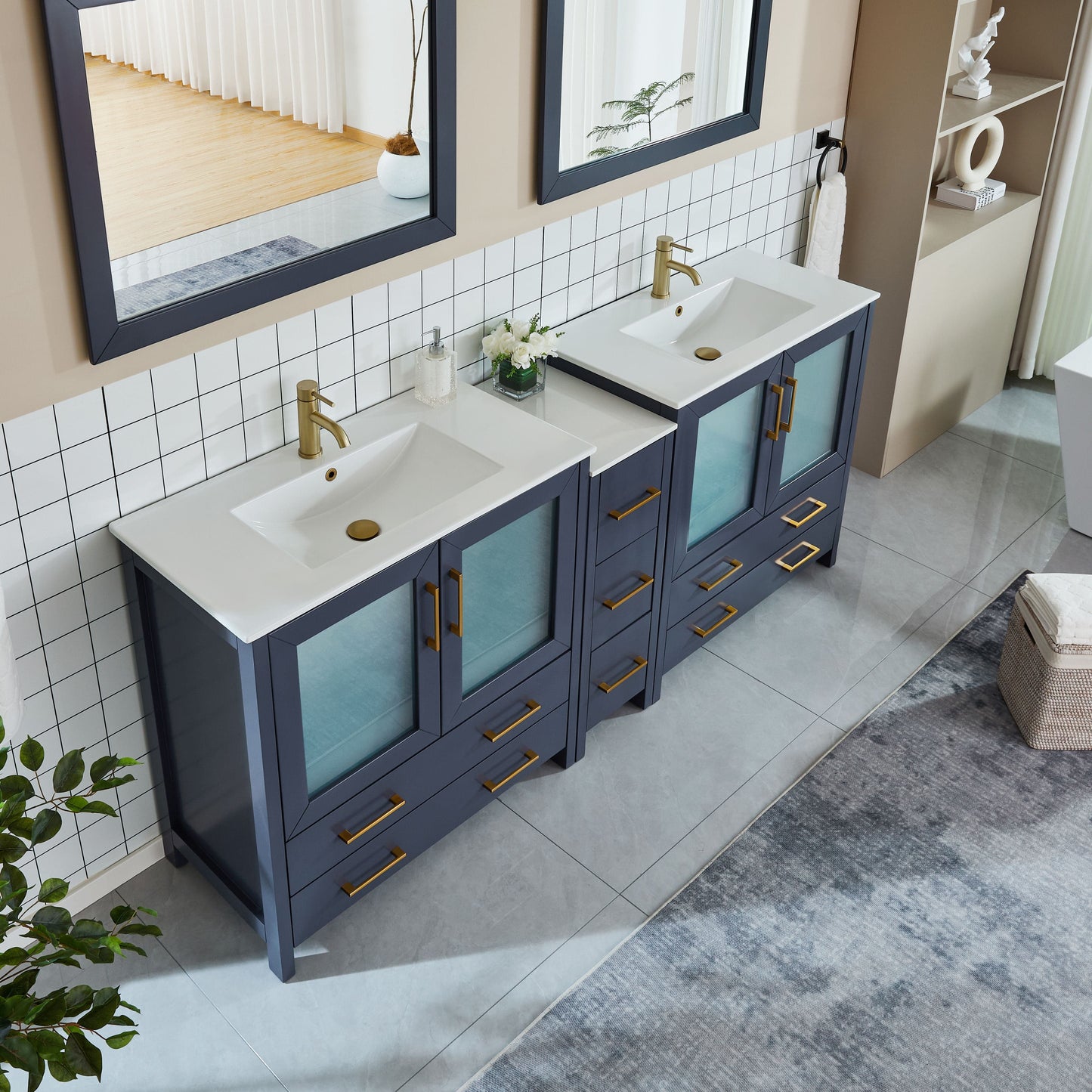 Vanity Art VA3036-84B 84 Inch Double Sink Bathroom Vanity in Blue with Ceramic Countertop - Vanity Art VA3036-84B
