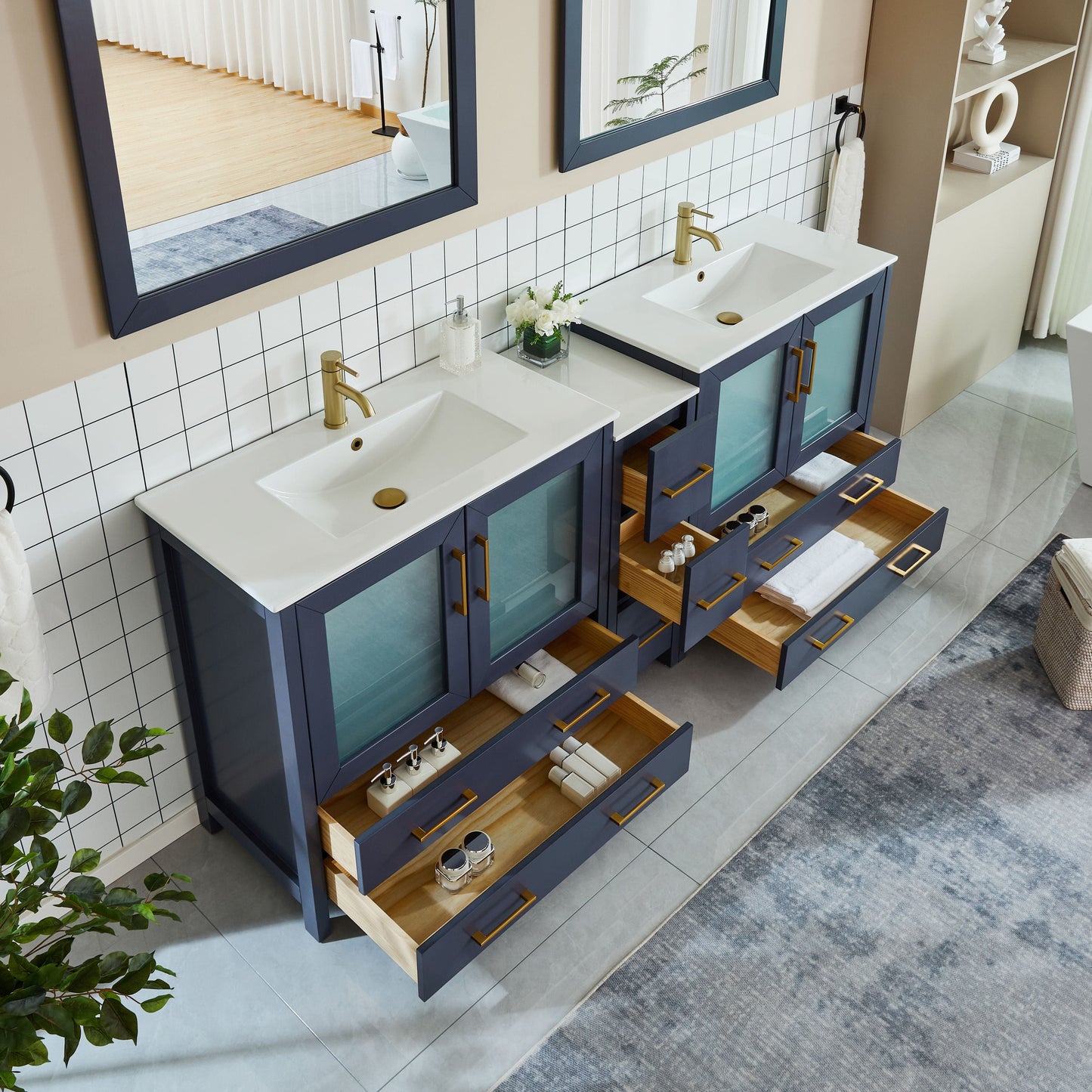 Vanity Art VA3036-84B 84 Inch Double Sink Bathroom Vanity in Blue with Ceramic Countertop - Vanity Art VA3036-84B