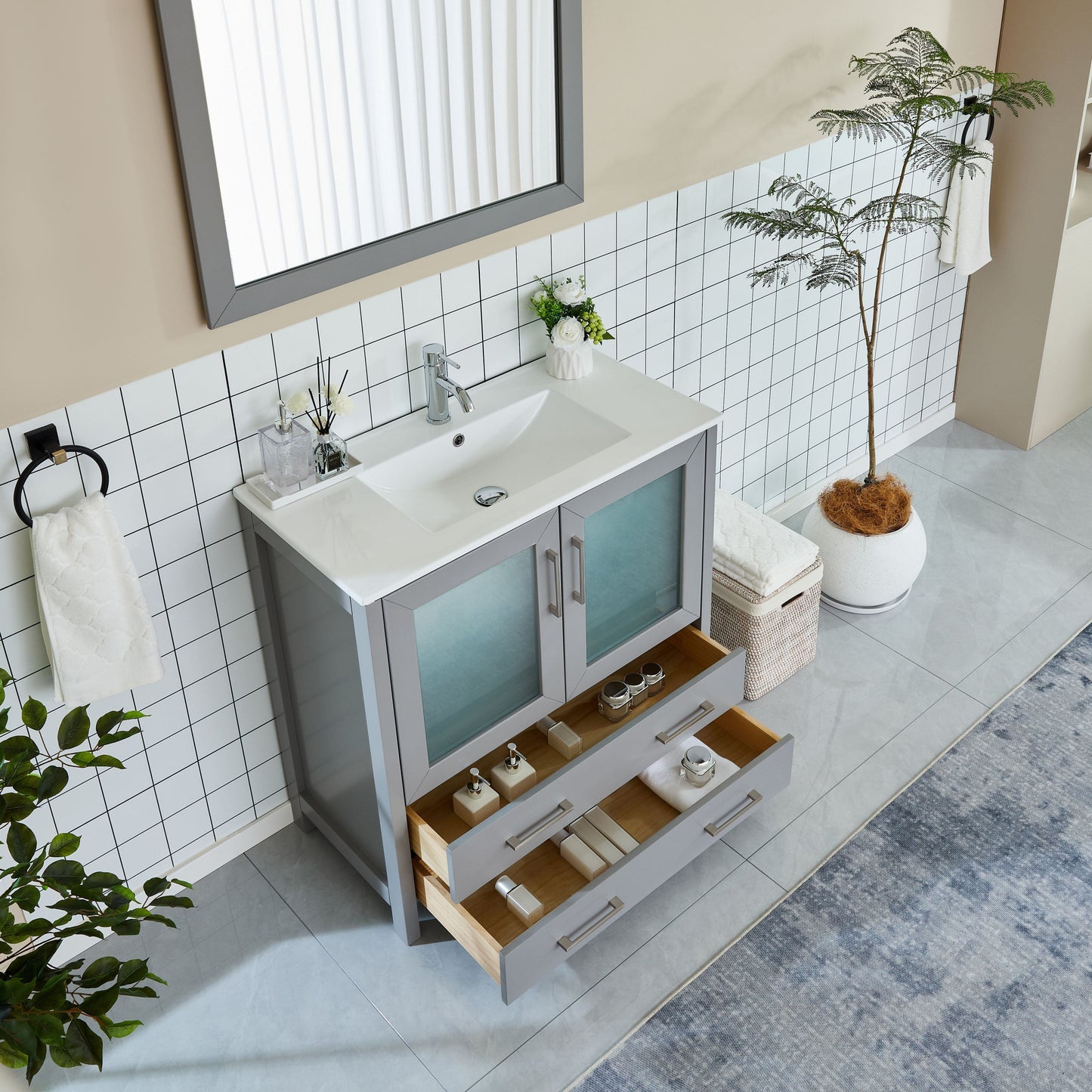 Vanity Art VA3036G 36 Inch Single Sink Bathroom Vanity in Gray with Ceramic Countertop - Vanity Art VA3036G