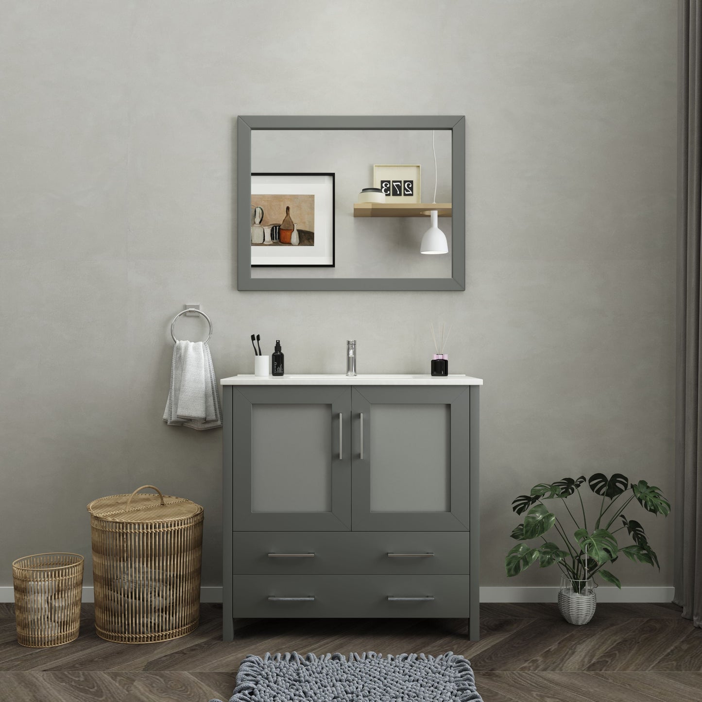 Vanity Art VA3036G 36 Inch Single Sink Bathroom Vanity in Gray with Ceramic Countertop - Vanity Art VA3036G