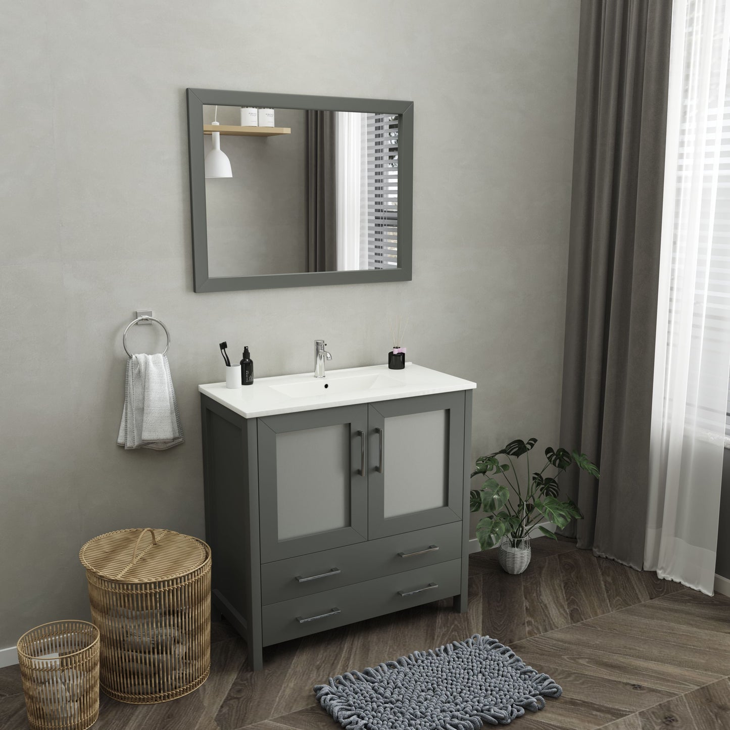 Vanity Art VA3036G 36 Inch Single Sink Bathroom Vanity in Gray with Ceramic Countertop - Vanity Art VA3036G